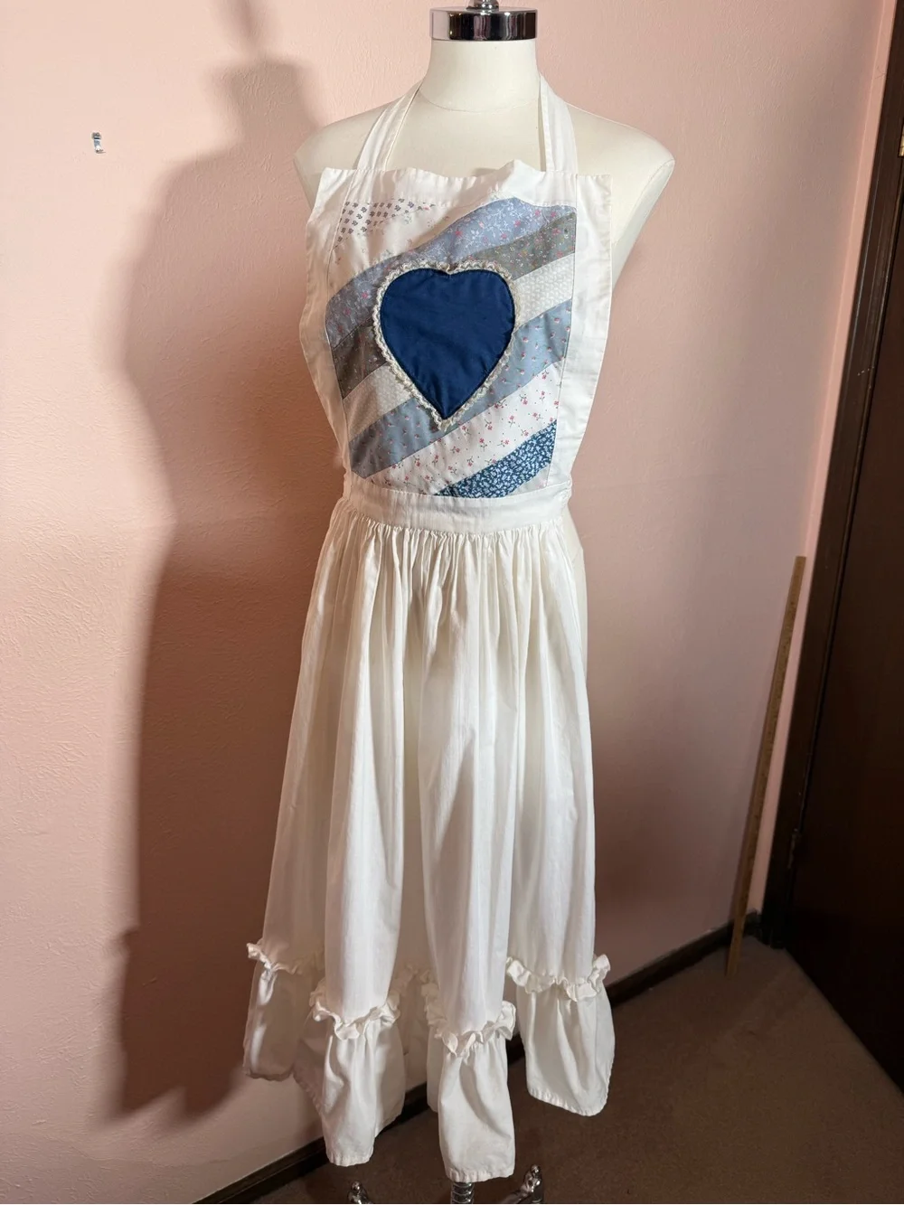 Handmade cottagecore Quilted Blue white ruffled Heart apron